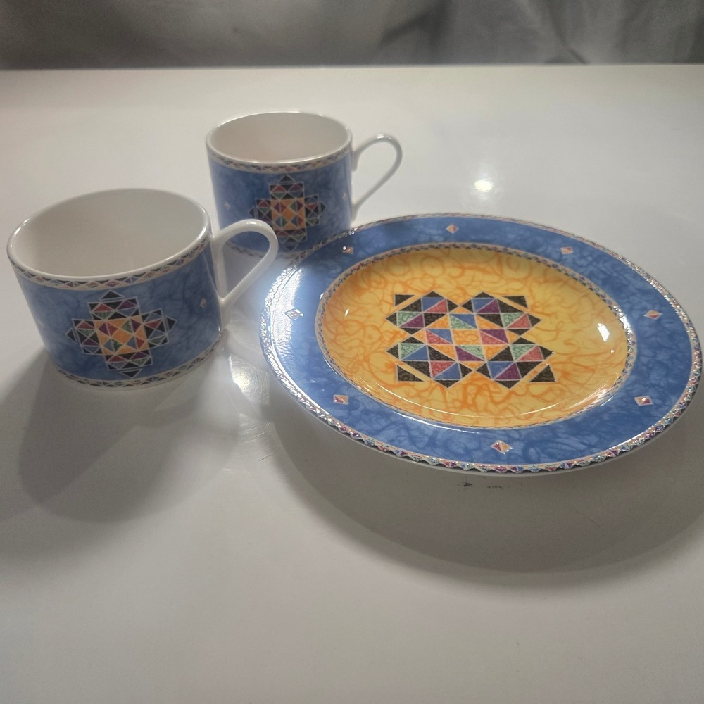 Vintage Oneida Origami Stoneware Set Salad Plate 2 Mugs Southwestern Blue Yellow